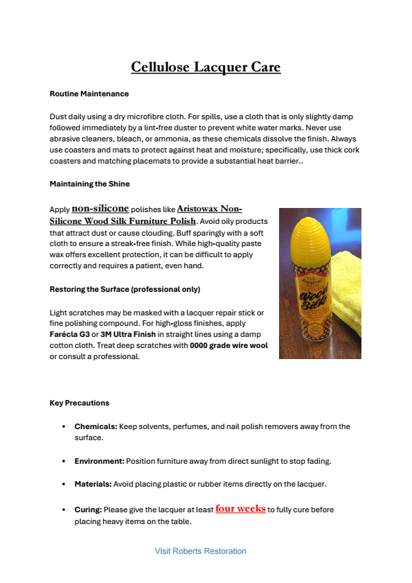 Cellulose Lacquer Care Guide summary showing polish recommendations and precautions