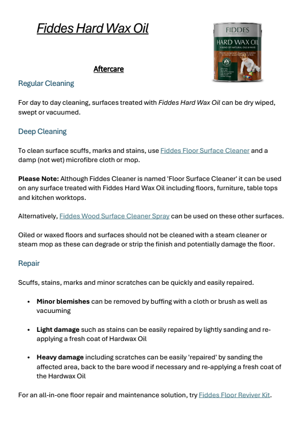 Fiddes Hard Wax Oil Aftercare guide detailing cleaning products and surface repairs