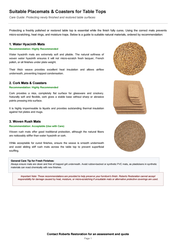 Guide to suitable placemats and coasters including water hyacinth and cork options
