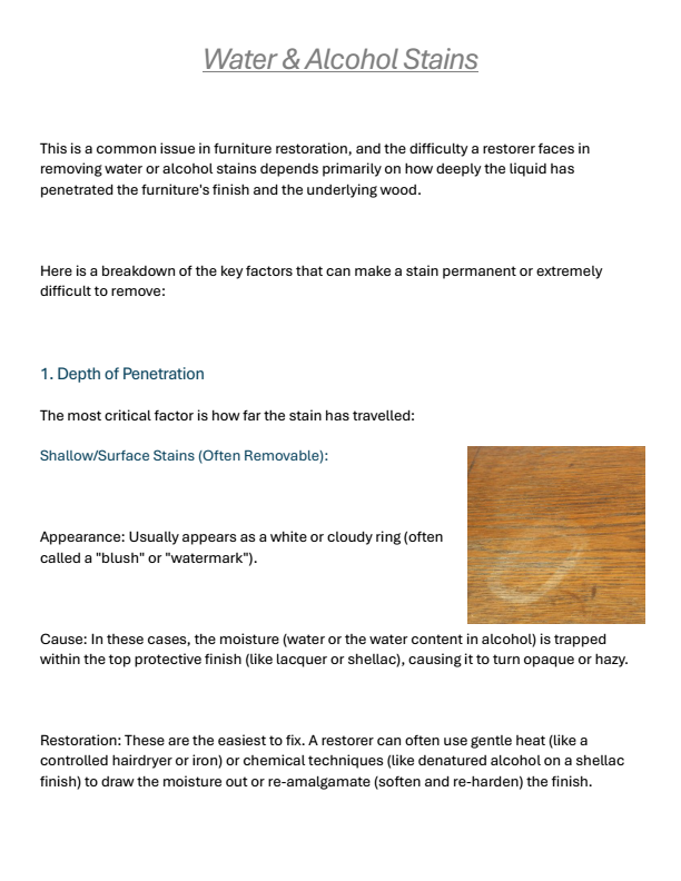 Water and alcohol stain guide showing surface watermark analysis and restoration steps